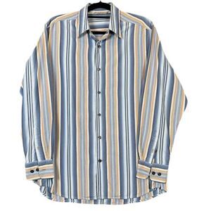 Tommy Bahama 100% Silk Striped Button Front Shirt Blue White Gold Size Medium